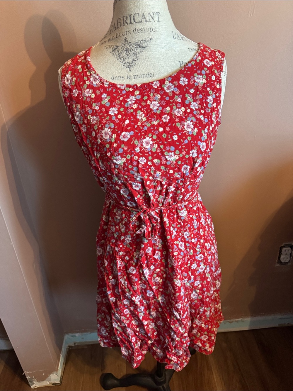 Sleeveless Red Floral Tie-Waist Dress